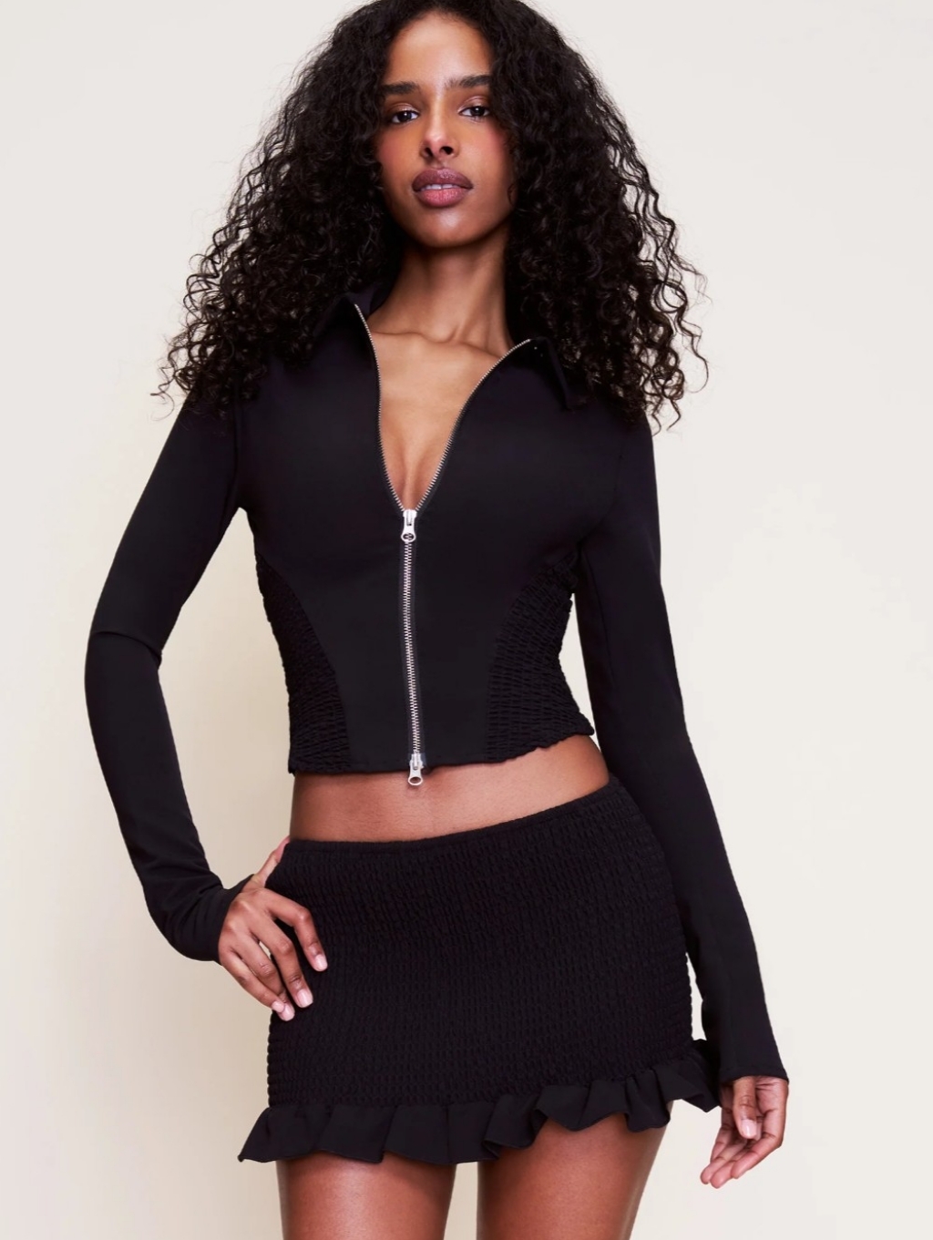 Danielle Guizio Apolline Smocked Black Jacket Full Zip Size Xl